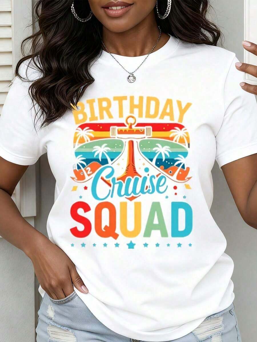 Camiseta estampada para mujer con temática de cumpleaños, cuello redondo, estampado colorido de Cruise Squad con diseño de palmeras y gafas de sol para vacaciones, fiestas y salidas. Playera para verano. - Blanco - Ver 1