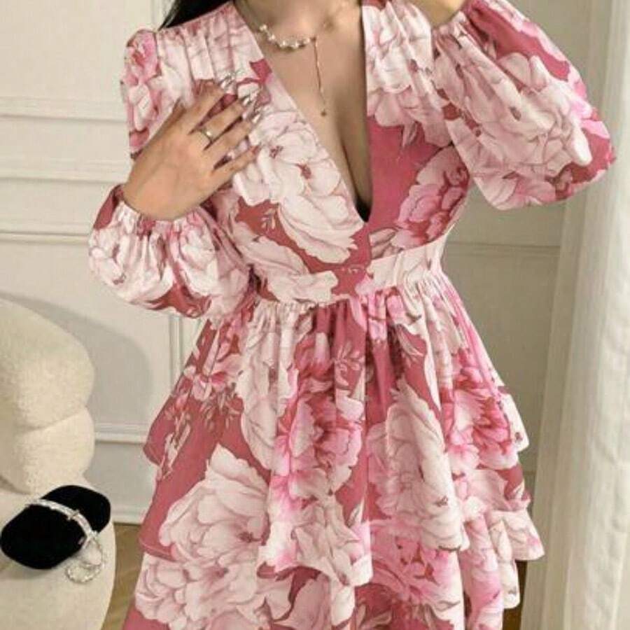YijiaNvz Vestido corto elegante de mujer con estampado floral y mangas farol - Rosa - Ver 1