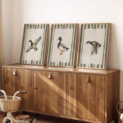 1/3pcs Set Framed/Unframed Vintage Hunting Mallard Duck Rustic Canvas Poster Green Striped Farm Animal Cottagecore Nursery Wall Art Print Farmhouse Decor Painting For Playroom,Kids Room,Bedroom,Modern Home Decoration