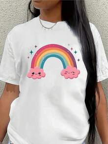 Short-Sleeved Polyester T-Shirt, Decorated With Cute Rainbow And Cloud Patterns, Lightweight And Durable, Suitable For Casual Wear At Home Or Outdoors, An Ideal Choice For Comfortable Everyday Wear In The Living Room Or A Coffee Shop. Women's Casual Blouse - 白色 - 查看 7