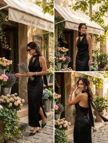 Women's Spring Fashion Elegant Gown - Seductive Sleeveless Halter Top - Figure-Flattering Satin Long Skirt - Upscale Look For Fine Dining & VIP Lounges - 黑色 - 查看 8