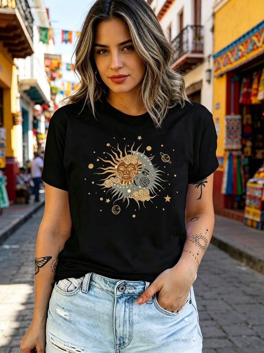 Limited Time Offer, Limited Quantities, Flash ! Women's Casual Shirts, Women's Polyester T-Shirts, Stylish Shirts. Women's Star And Moon Print T-Shirt: 100% Polyester, Casual Crew Neck, Short Sleeves, Cute Bohemian Style, A Versatile And Fashionable Garment For All Seasons. - 黑色 - 查看 1