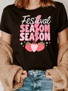 Wo's Heavyweight Fashion Casual T-Shirt, Strawberry Graphic Design For Festival Season, Wo Fashion Summer Top, Casual Wear, Pink Plaid Design, Cute Outfit For Music Festivals, Fun Wo's Short Sleeve Crew Neck Printed T-Shirt, Suitable For: Sporting Events/Holiday Parties/Outings/Sports And Other Festive Gifts. Best Seller. - 黑色 - 查看 1