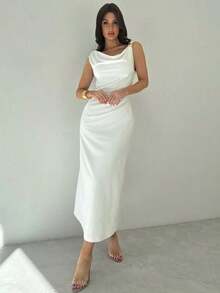 Women's White Asymmetrical Neckline Dress With Ruffles At The Waist, Elegant And Sexy Dress For Work, Vacation, Fashionable And Modern, For Spring/Summer, For Work, Elegant, Sexy, Vacation, Beach, Hawaii, Wedding Season, Graduation Ceremony, Prom - 灰色 - 查看 5