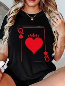 Women's T-Shirt With Heart And Poker Queen Print - Minimalist Design With Red Heart-Shaped Crown Print, Soft Crew Neck T-Shirt, Fashionable And Breathable For Summer, Perfect Gift For Women, Ideal For Birthdays, Valentine's Day, Halloween Or Everyday Wear. - 白色 - 查看 7