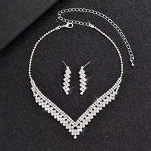 1 Set Sparkling Rhinestone Encrusted Necklace And Earrings Jewelry Set, Suitable For Formal Events - Silver - View 5