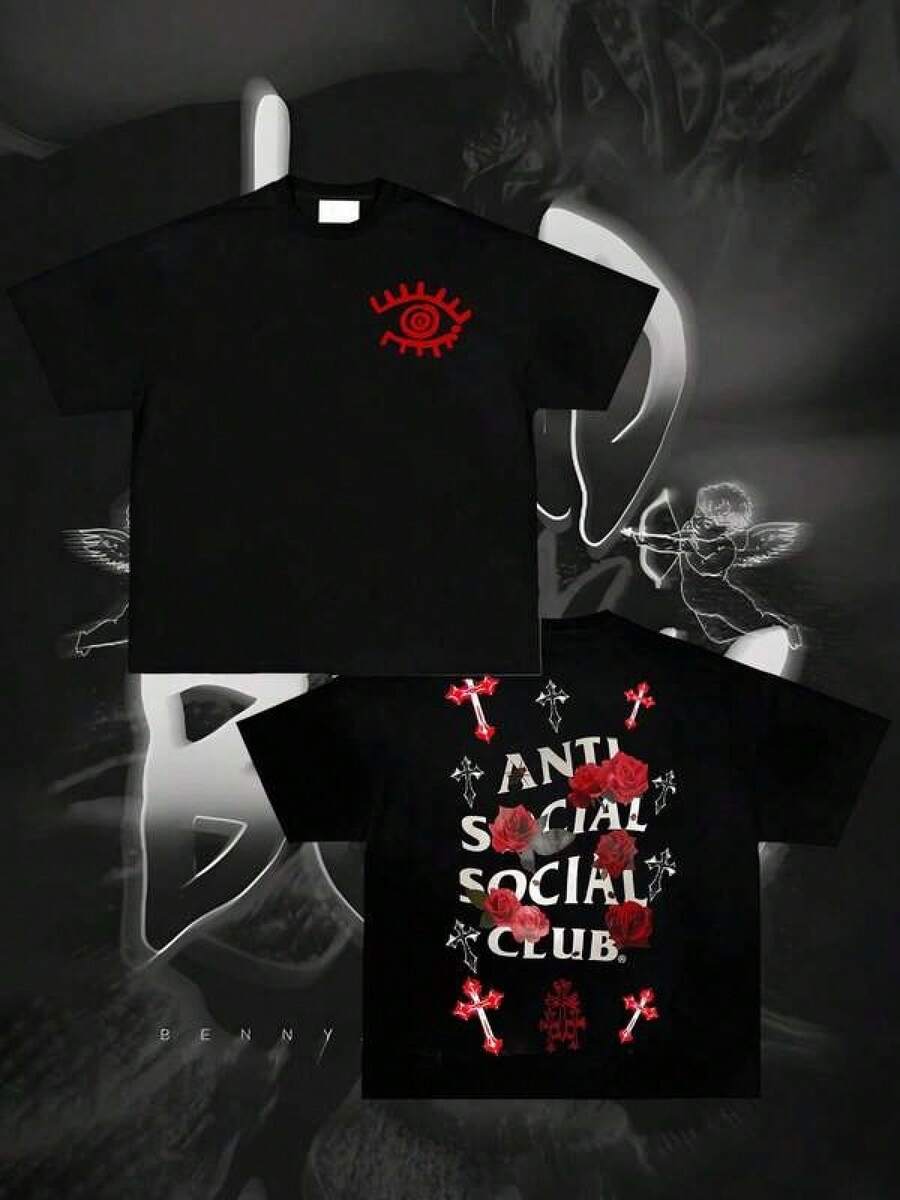 T Shirt Print ,Graphic-Cotton Tees Size Plus,Anti Social Club Graphic Cropped T-Shirt For Boys And Girls Men, Women All Ages Family T-Shirt Letter New Streetwear Clothing Harajuku T-Shirt Cotton Half Sleeve Tee, Y2K Style Casual Cotton Classic Crewneck Design Tee,Y2K,Oversized Shirt - màu đen - Xem 1