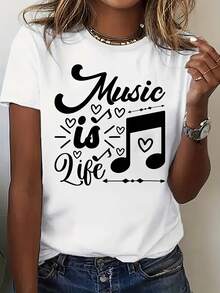 Camiseta de mujer con estampado de música - top de manga corta con cuello redondo de fibra de poliéster suave con el diseño "La música es vida", adecuada para amantes de la música, camiseta casual de verano y primavera, top casual de primavera. | Diseño Artístico Superior | Camiseta con Diseño Gráfico Atrevido 180g 100% Algodón - Blanco - Ver 2