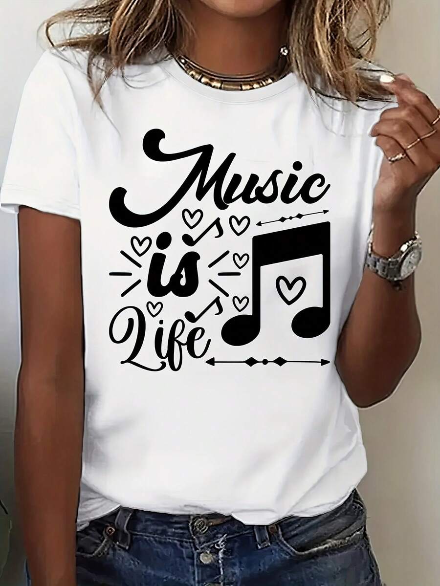 Camiseta de cuello redondo para mujer con estampado de música - Camiseta de manga corta de fibra de poliéster suave con el diseño "La música es vida", adecuada para amantes de la música, una camiseta casual de verano y primavera, top informal para la primavera. | Diseño Artístico Superior | Blusas con Estampados Atrevidos para Mujer, Estilo Casual - Blanco - Ver 1