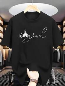 1 camiseta casual de verano para hombre - Estampado con diseño "Mágico", mangas cortas, cuello redondo, ligera y transpirable, perfecta para uso casual, camiseta informal, camiseta con estampado divertido, camiseta de ajuste cómodo, 180g 100% algodón. - Negro - Ver 9