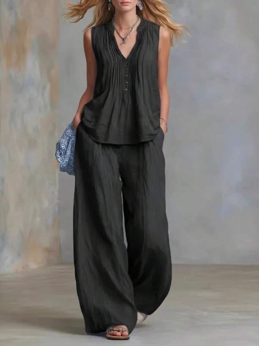 Conjunto Dos Piezas Estilo Europeo Americano 2026 para Mujer, Top Sin Mangas Holgado con Fruncido Cuello V Color Sólido y Pantalones Casuales - Negro - Ver 1
