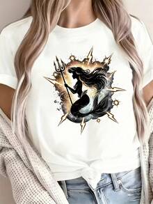 1 Women's Short Sleeve T-Shirt With Mermaid Print, Modern, Elegant And Slimming, The Perfect Gift For Birthdays Or Holidays, 180g 100% Cotton. - 黑色星期一 - 查看 12
