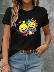 Limited Time Offer, Limited Quantities, Flash ! Women's Casual Shirts, Women's Polyester T-Shirts, Stylish Shirts. A Women's T-Shirt With Two Yellow  Faces Sticking Out Their Tongues And Winking, With Colorful Paint Splatter Designs. It's A Short-Sleeved Casual Summer T-Shirt Perfect For Everyday Wear And For Layering With Friends. - 黑色 - 查看 9