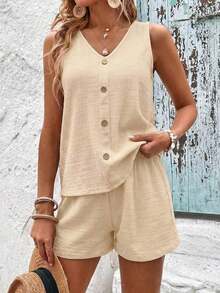 LUNE Conjunto De Camiseta Sin Mangas Y Pantalones Cortos De Color Sólido Para Mujer Con Cuello En V - Albaricoque 2 - Ver 3