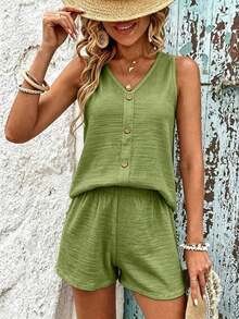 LUNE Conjunto De Camiseta Sin Mangas Y Pantalones Cortos De Color Sólido Para Mujer Con Cuello En V - Verde - Ver 5