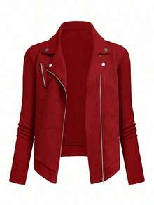 Chaqueta de motorista informal con cuello alto, textura y cierre de cremallera - Rojo - Ver 9