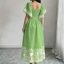 Vestido midi de manga corta con cuello cuadrado y estampado floral, vestido de longitud media con cintura ceñida, vestido largo con estampado floral en negro - Multicolor - Ver 7