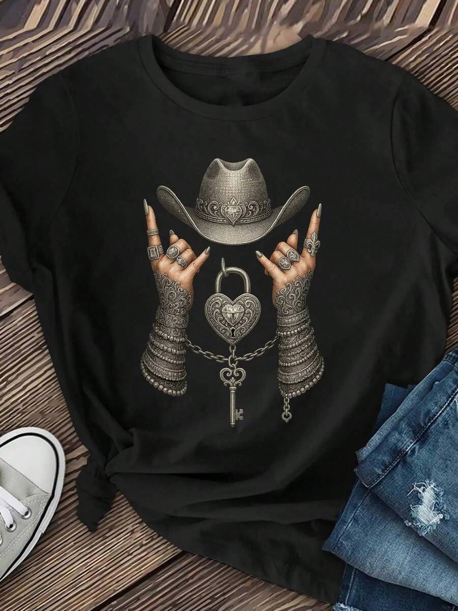 Camisa de mezclilla vaquera western para mujer - Camisa y sombrero de vaquero burdeos con acento en forma de herradura de metal - Camisa elástica de manga corta para festivales de música country, rodeo y ropa casual - Blusa de cuello redondo resisten - Negro - Ver 1