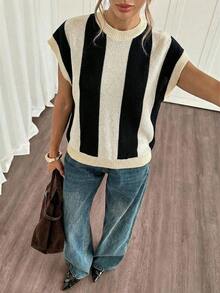Blusa de punto de manga de murciélago con rayas de color contrastante, casual de verano para mujer - Multicolor 5 - Ver 3