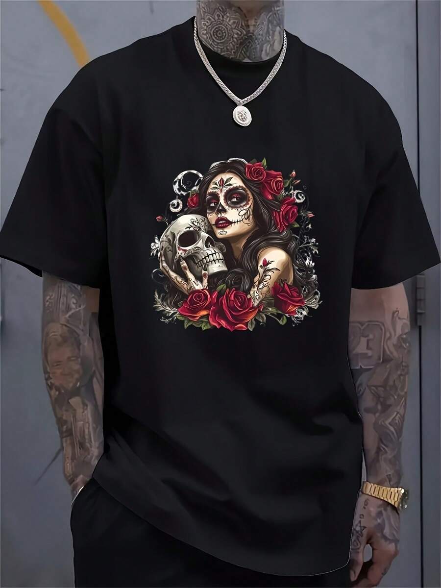 Camiseta de hombre con diseño gótico de terror - Diseño de calavera blanca y chica con rosa roja - Top de poliéster ligero y transpirable, ideal para Halloween, conciertos - Cuello redondo, lavable a máquina, de moda casual, tela ligera. - Negro - Ver 1