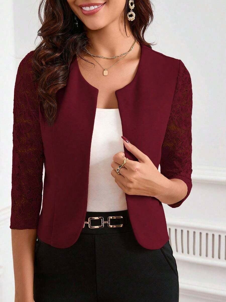 Chaqueta corta elegante de mujer con parches de encaje, frente abierto y mangas 3/4 para primavera y verano, y otoño/invierno - Burdeos - Ver 1