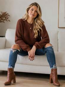 Women's Blouse Puff Sleeve Thick Round Neck Winter Knit - Rust Brown - View 2