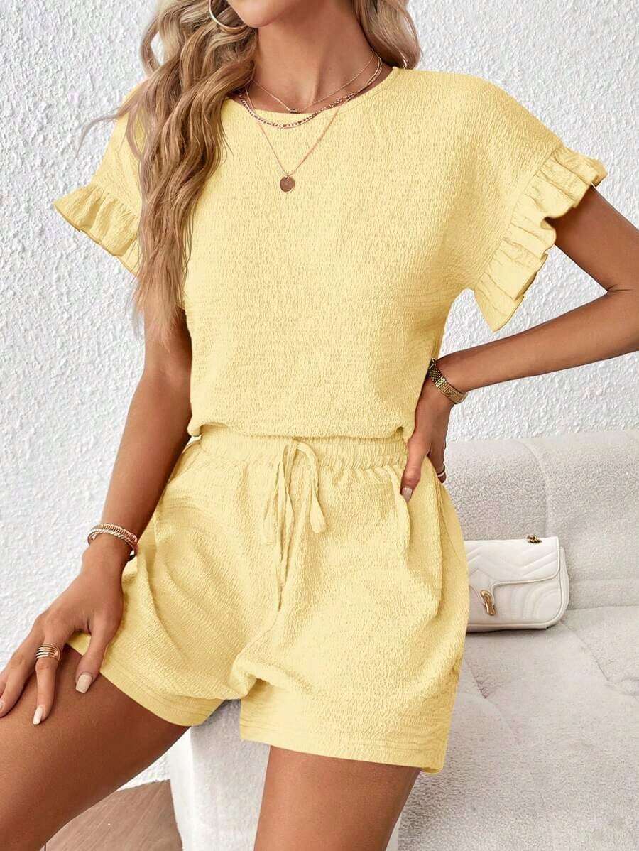 Top de manga con volante & Shorts de cintura con cordón - Amarillo - Ver 1