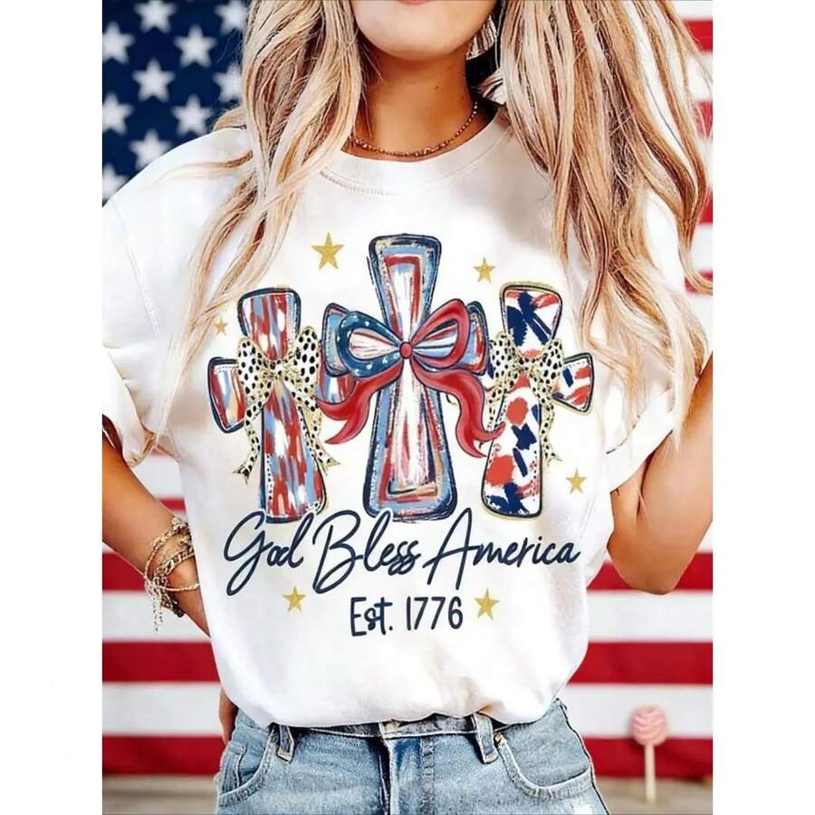 Women's "God Bless America" T-Shirt, 250 Years Of America, 250th Anniversary Of The USA, Gift T-Shirt For Independence Day, 4th Of July, Cotton T-Shirt For Men And Women - 白色 - 查看 1