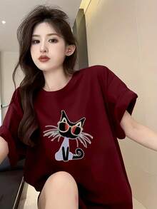 Women's Short Sleeve T-Shirt With Cartoon Print, Slim Fit#3333 - Burgundy - View 1