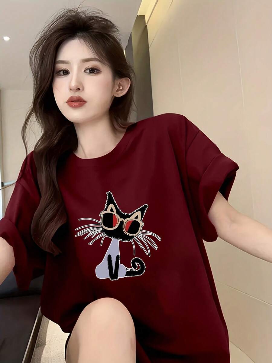 Women's Short Sleeve T-Shirt With Cartoon Print, Slim Fit#3333 - Burgundy - View 1