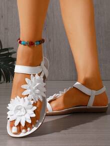 Giày sandal nữ thanh lịch, họa tiết hoa hoạt hình màu trắng, phong cách cổ tích cho mùa hè, thiết kế hở mũi, phần trên và lớp lót bằng vải, đế ngoài chống trượt, đế trong bằng sợi microfiber. - trắng - Xem 6