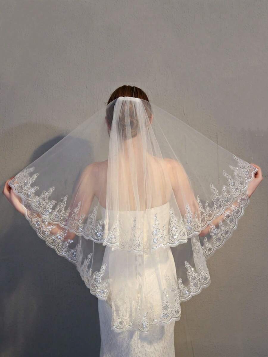 1pc Women's White Double Layer Lace Edge & Sparkling Sequin Bridal Veil, Romantic & Gorgeous For Wedding - White - View 1