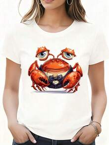 Women's Casual Short-Sleeved T-Shirt With Round Neck And Crab Print With Quoit And Tie, Sizes S-3XL. Fashionable, Comfortable And Breathable, Machine Washable. - 白色 - View 1
