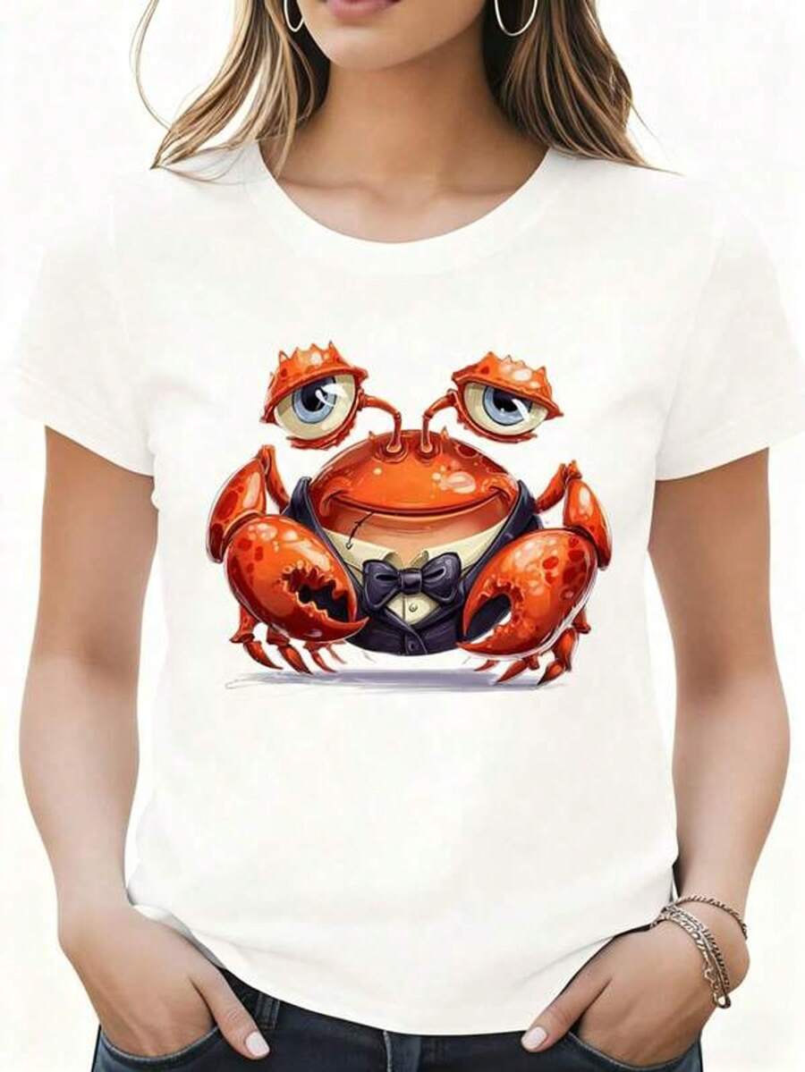 Women's Casual Short-Sleeved T-Shirt With Round Neck And Crab Print With Quoit And Tie, Sizes S-3XL. Fashionable, Comfortable And Breathable, Machine Washable. - 白色 - View 1