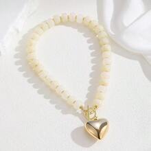 Chunky Gold Heart Necklace For Women, Resin Beaded Chain With Puff Heart Adjustable Clasp, Perfect For Daily Wear Party Date Streetwear Outfits Fashion Jewelry Gift - trắng - Xem 5
