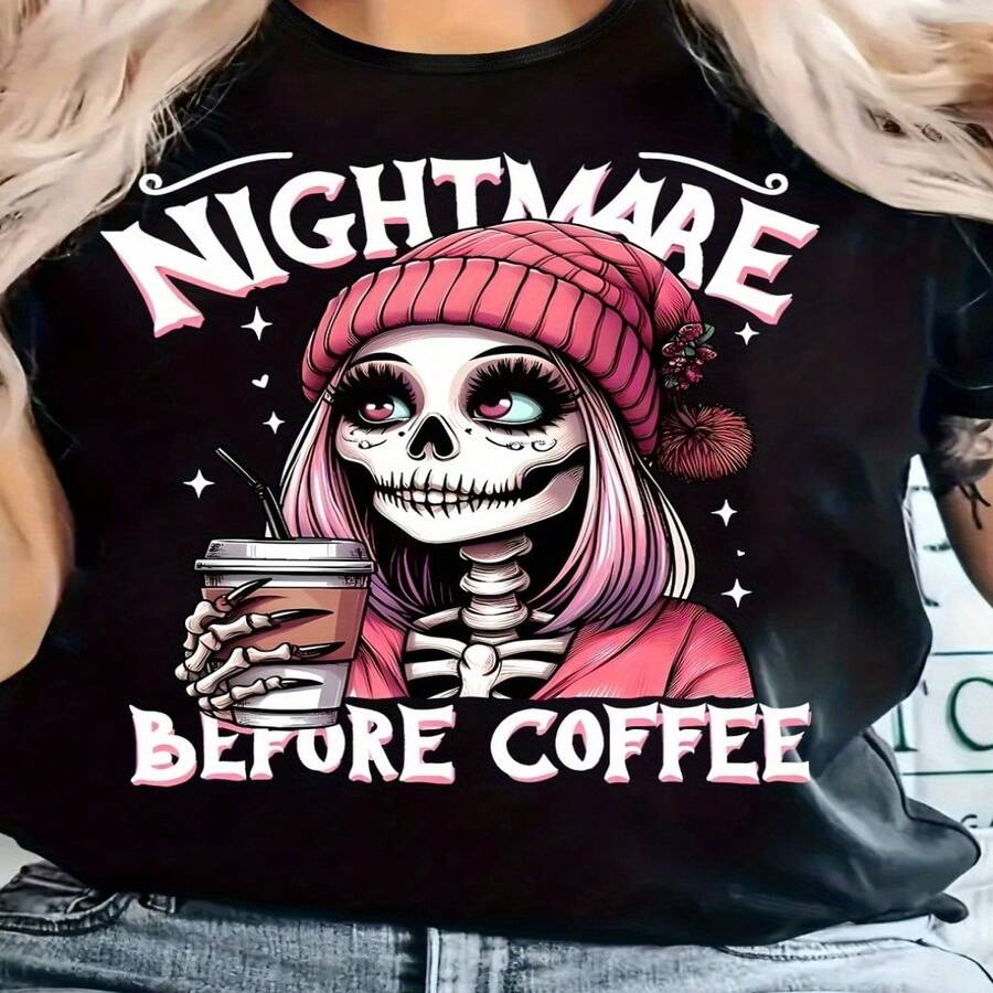 Womens Nightmare Before Coffee Skeleton Print Black Cotton Short Sleeve Casual T-Shirt - Negro - Ver 1