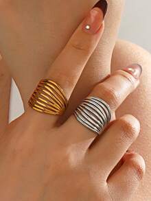 1pc 18K Gold Plated Stainless Steel Fashionable Geometric Line Open Ring, Suitable For Women's Daily, Party And Gathering Wear - Yellow Gold - View 3