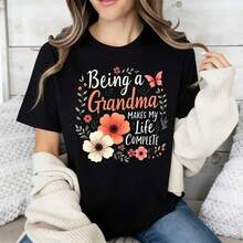 Floral Design T-Shirt With A Grandmother Quote, Round Neck, Casual, For Women, Mother's Day Gift, Grandmother Outfit, Casual Cotton T-Shirt For Everyday Wear. - 黑色 - 查看 3