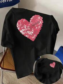 Heart And Glitter Print T-Shirt, Short Sleeves, Round Neck, Casual Top For Spring And Summer, Women's Clothing - High Quality - 黑色 - 查看 1