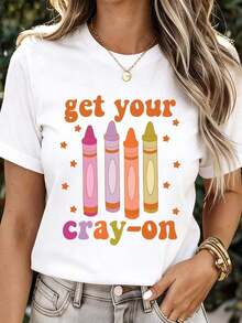Cute White Graphic T-Shirt With Colored Pencils And Stars Print For Women, Casual Summer Outfit, Fun T-Shirt For Teachers And Children's Parties, Women's T-Shirts - 白色 - 查看 6