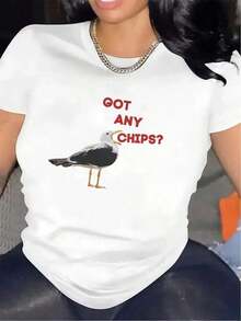 Under The Radar Short-Sleeve T-Shirt With Seagull Design "Got Fries?" Made From Durable Polyester Fabric, Perfect For Casual Wear At The Beach Or In A Restaurant, Lightweight And Comfortable To Wear - Unisex Short-Sleeve T-Shirt, Crew Neck, Urban Vintage Style, Loose Cotton. - 白色 - 查看 1