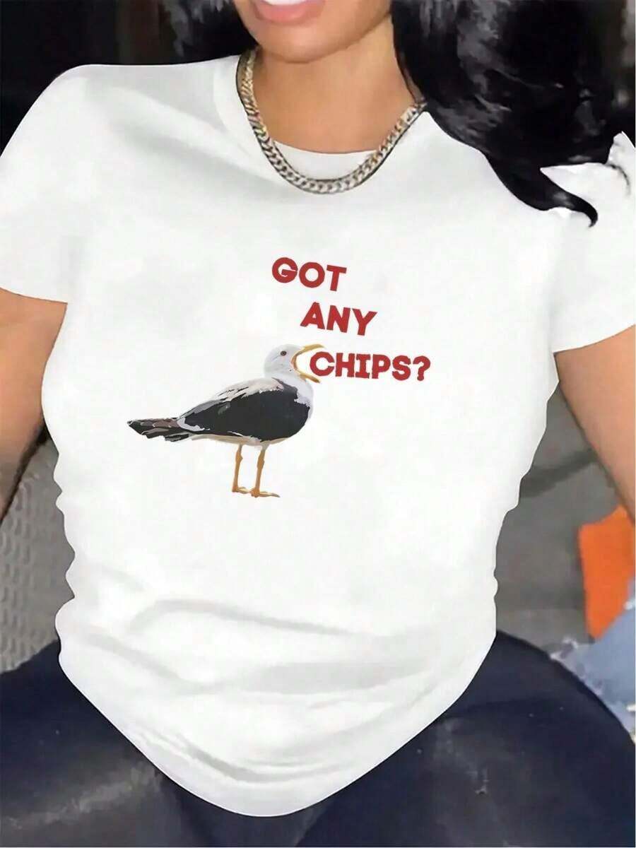 Under The Radar Short-Sleeve T-Shirt With Seagull Design "Got Fries?" Made From Durable Polyester Fabric, Perfect For Casual Wear At The Beach Or In A Restaurant, Lightweight And Comfortable To Wear - Unisex Short-Sleeve T-Shirt, Crew Neck, Urban Vintage Style, Loose Cotton. - 白色 - 查看 1