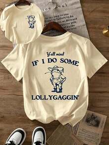 ¿Te importa si hago algo descuidado?Camiseta con Estampado Gráfico, Manga Corta, Cuello Redondo, Top Casual para Verano y Primavera, Ropa de Mujer - Albaricoque 2 - Ver 1