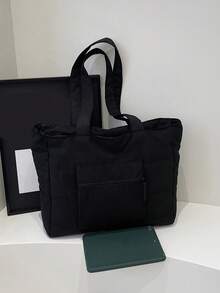 Simple Solid Color New Popular Quilted Tote Bag In Spring And Summer, Lightweight, Practical And Large Capacity With Body Patch Pockets, Shoulder Bag, Zipper Switch, Double Shoulder Straps, High-Value Armpit Bag, Suitable For Commuting To Work, School, Class, Shopping And Storage - Black - View 10