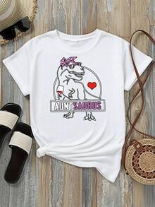 Camiseta de Mujer Casual con Cuello Redondo, Opciones en Blanco y Negro, Estampado Divertido de Corazón con Copa de Vino y Dinosaurio 'Tía Saurus', Camisetas Gráficas para Uso Diario, Tops de Verano, Camisetas Gráficas, Conjuntos de Verano, Camisetas Cortas para Mujer, Blusas Casuales para Dama - Blanco - Ver 2