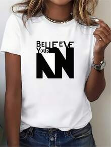 Camiseta Estampada Suave y Cómoda para Mujer "Believe in Your Heart", Camiseta Casual de Verano, Ideal para Hogar, Oficina, Fiesta, Regalo, Camiseta de Alta Calidad de 180G - Blanco - Ver 7