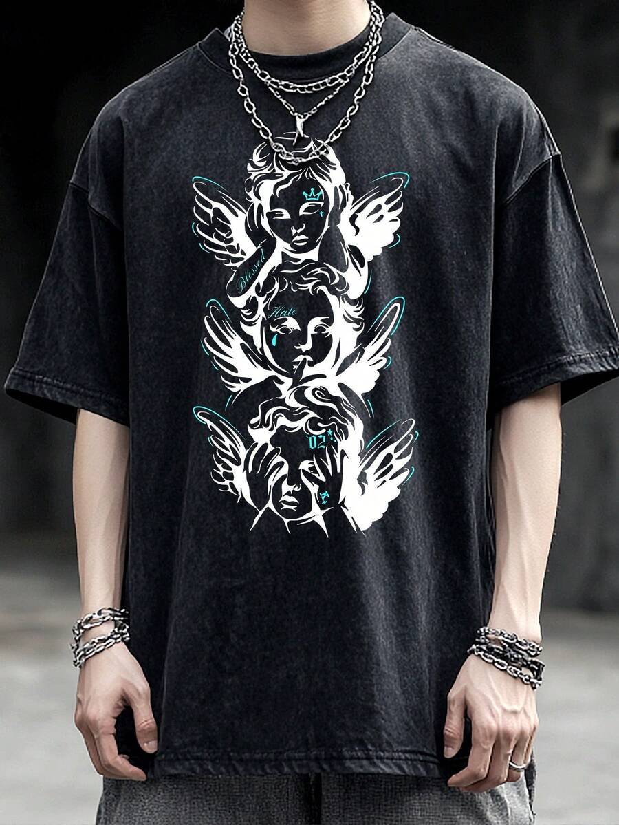 Nuevo modelo 2026,% algodón lavado, estilo casual urbano, adecuado para fiestas o festivales, tela suave y transpirable, diseño de estampado moderno, unisex, ligero y cómodo de llevar, diseño de moda vintage. - Negro - Ver 1