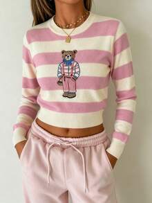 Women's Casual Minimalist Striped Teddy Bear Pattern Cropped Knit Top, Long Sleeve Round Neck Ribbed Contrast Color Cute Pullover Sweater Pink Fall - Pink - View 5