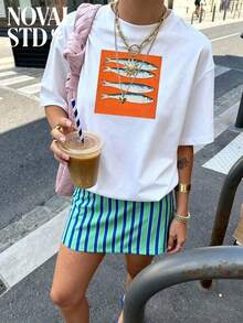 1 Piece Of White, Loose-Fitting, Multifunctional Short-Sleeved T-Shirt With Fish Scale Print, Casual Holiday Style, From The Apulia Region Of Italy, For Women, Ideal For Everyday Wear. 180g 100% Cotton. - 白色 - 查看 7