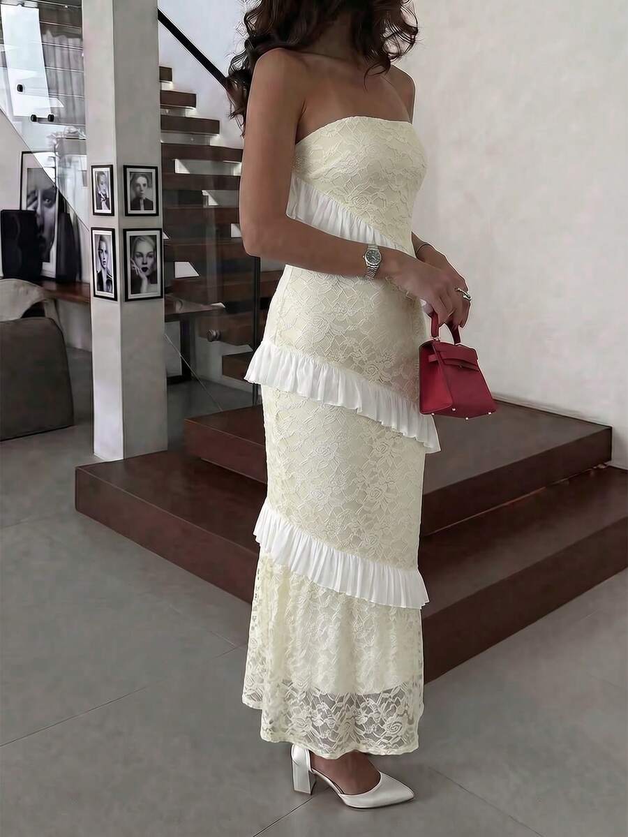 女士性感无肩带蕾丝提花面料优雅连衣裙,适合约会、婚礼、度假、派对、生日、情人节等夏季场合。 - 黃色 - 查看 1